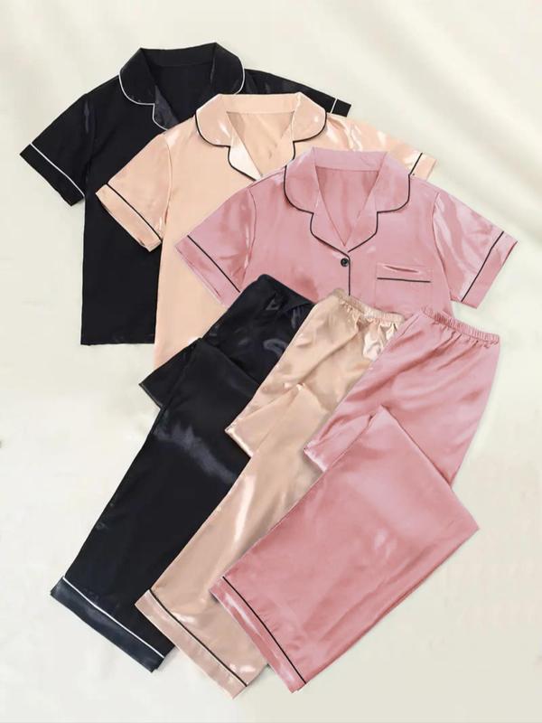 Womenswear Solid Satin Homewear Pyjama Set, Short Sleeve Lapel Neck Pocket Shirt & Elastic Waist Pants PJ Set, Minimalist Comfortable Sleepwear Set for Women
